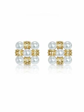 Gold and White Pearl Cluster Stud Earrings